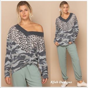 Leopard Camo Deep V Neck Soft Knit Top